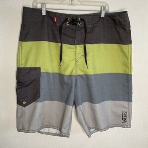 Vans Men's Gray/Green/Black Striped Swim Trunks Surfing Board Shorts Size 38